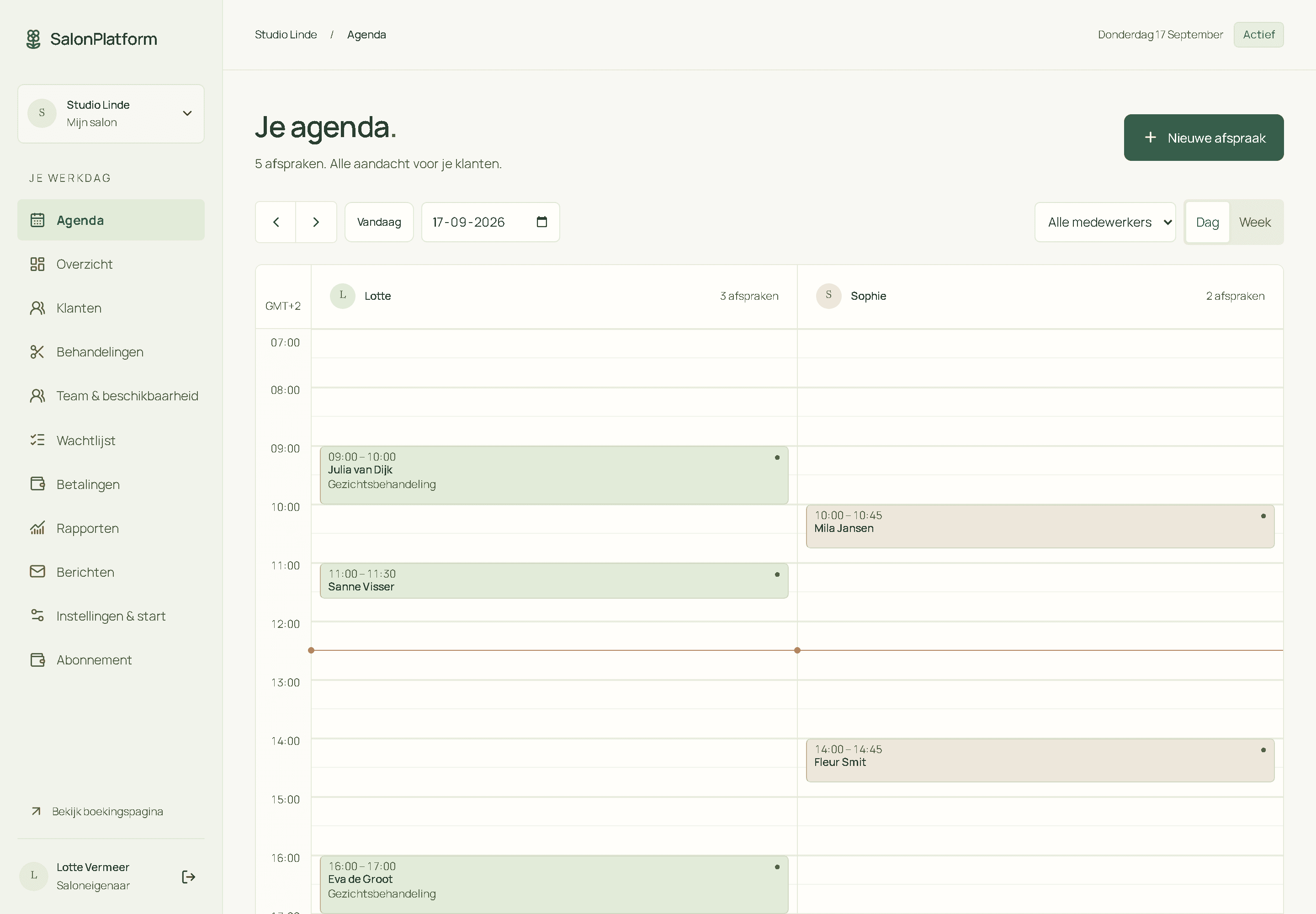 De echte dagagenda van SalonPlatform met klantafspraken, een medewerkerfilter en de knop Nieuwe afspraak.